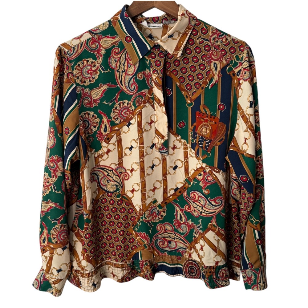 Alfred Dunner 14P Blouse Vintage Scarf Print Paisley‎ Equestrian Smocked Hem